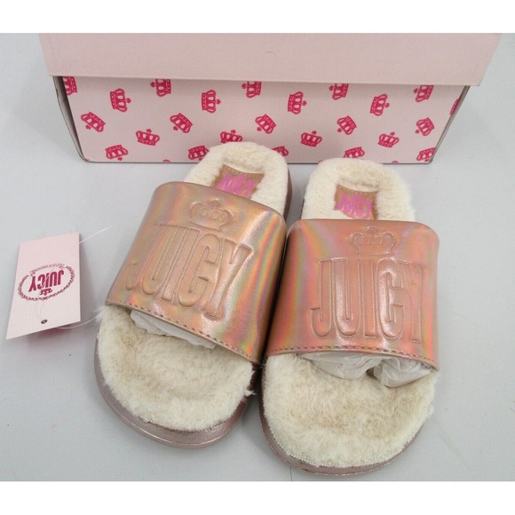 JUICY BY JUICY COUTURE TARZANA ROSE GOLD FUR LINED SLIDES Girl's Sz 2 NEW IN BOX - Picture 1 of 9